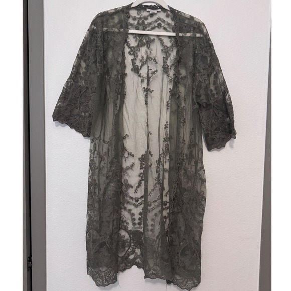 Ariat Sweaters - Ariat Olive Green Floral Lace Duster Cardigan Open Front Boho Kimono ML cc